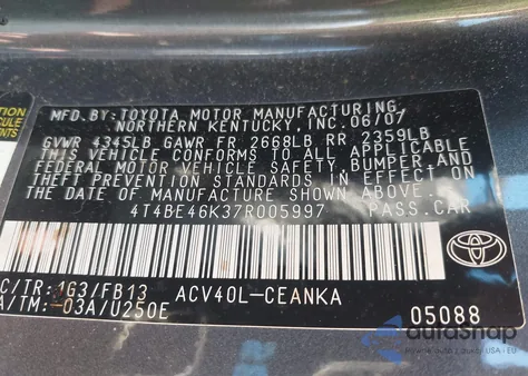 2007 Toyota Camry Le из США, поврежденный, VIN 4T4BE46K37R005997